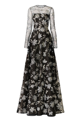 METALLIC FLORAL LONG-SLEEVE GOWN