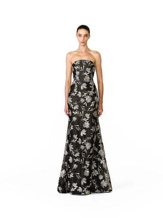 METALLIC FLORAL STRAPLESS FIT-AND-FLARE GOWN