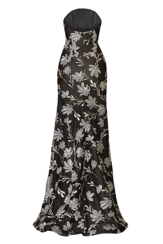 METALLIC FLORAL STRAPLESS FIT-AND-FLARE GOWN