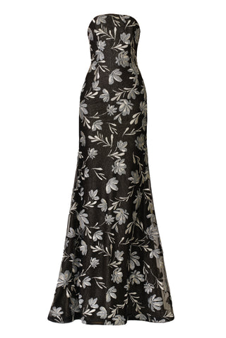 METALLIC FLORAL STRAPLESS FIT-AND-FLARE GOWN