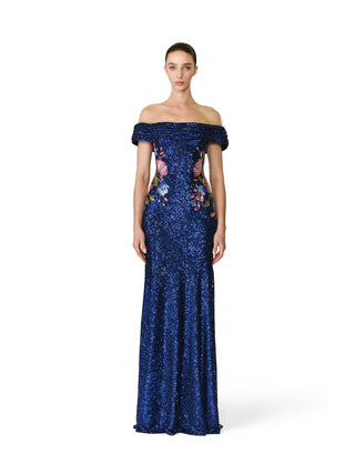 STRETCH SEQUIN OFF-SHOULDER GOWN WITH FLORAL APPLIQUE