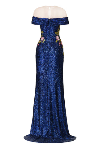 STRETCH SEQUIN OFF-SHOULDER GOWN WITH FLORAL APPLIQUE