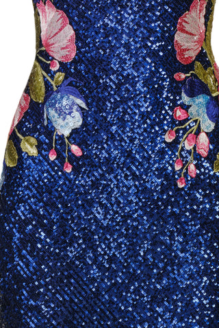 STRETCH SEQUIN OFF-SHOULDER GOWN WITH FLORAL APPLIQUE
