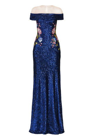 STRETCH SEQUIN OFF-SHOULDER GOWN WITH FLORAL APPLIQUE