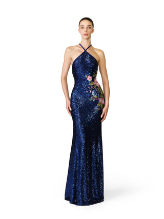 HALTER STRETCH SEQUIN GOWN WITH FLORAL APPLIQUE