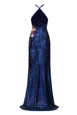 HALTER STRETCH SEQUIN GOWN WITH FLORAL APPLIQUE