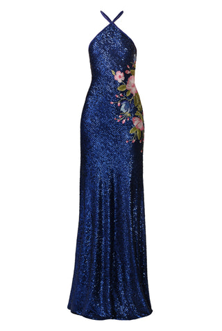 HALTER STRETCH SEQUIN GOWN WITH FLORAL APPLIQUE