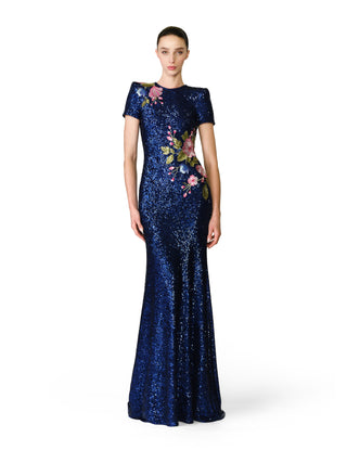 STRETCH SEQUIN CAP SLEEVE GOWN WITH FLORAL APPLIQUE