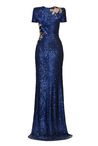 STRETCH SEQUIN CAP SLEEVE GOWN WITH FLORAL APPLIQUE