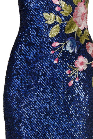 STRETCH SEQUIN CAP SLEEVE GOWN WITH FLORAL APPLIQUE
