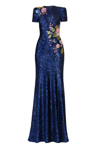 STRETCH SEQUIN CAP SLEEVE GOWN WITH FLORAL APPLIQUE