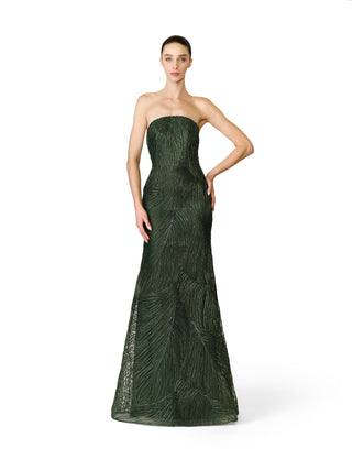 METALLIC RAFFIA STRAPLESS FIT-AND-FLARE GOWN