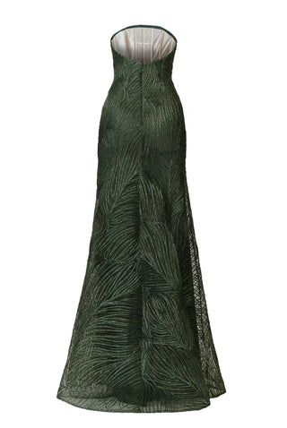 METALLIC RAFFIA STRAPLESS FIT-AND-FLARE GOWN