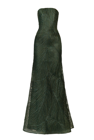 METALLIC RAFFIA STRAPLESS FIT-AND-FLARE GOWN