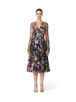 SEQUIN FLORAL LACE V-NECK LONG SLEEVE COCKTAIL DRESS