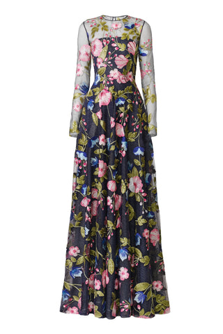 SEQUIN FLORAL LACE LONG SLEEVE GOWN