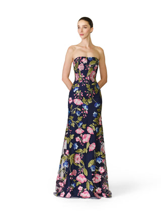SEQUIN FLORAL LACE STRAPLESS FIT-AND-FLARE GOWN