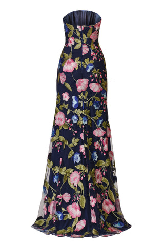 SEQUIN FLORAL LACE STRAPLESS FIT-AND-FLARE GOWN