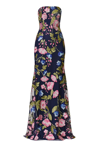 SEQUIN FLORAL LACE STRAPLESS FIT-AND-FLARE GOWN