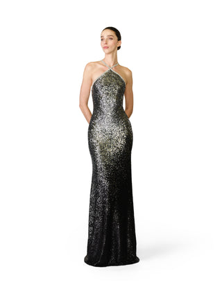 OMBRE HALTER STRETCH SEQUIN GOWN WITH CRYSTAL TRIM