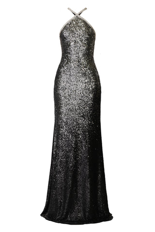 OMBRE HALTER STRETCH SEQUIN GOWN WITH CRYSTAL TRIM