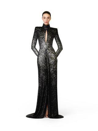 OMBRE DRAPED MOCK NECK STRETCH SEQUIN GOWN