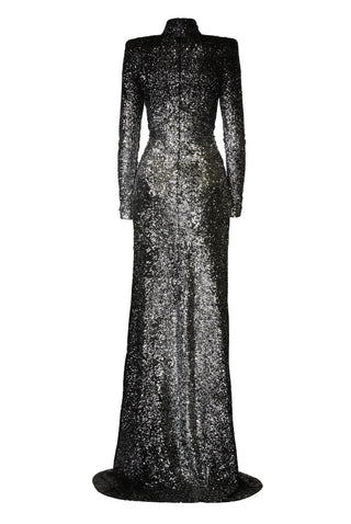 OMBRE DRAPED MOCK NECK STRETCH SEQUIN GOWN