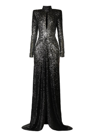 OMBRE DRAPED MOCK NECK STRETCH SEQUIN GOWN