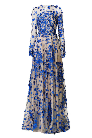 BEADED FLORAL LONG SLEEVE GOWN