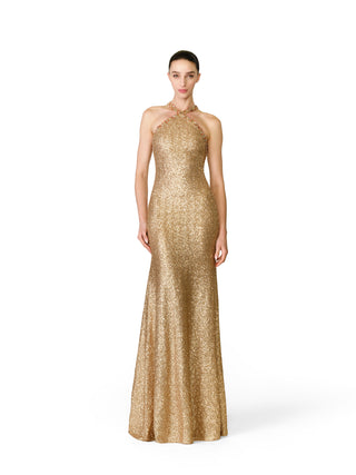 HALTER STRETCH SEQUIN GOWN WITH CRYSTAL TRIM