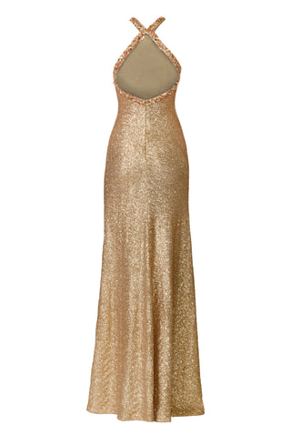 HALTER STRETCH SEQUIN GOWN WITH CRYSTAL TRIM