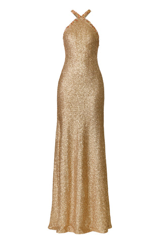 HALTER STRETCH SEQUIN GOWN WITH CRYSTAL TRIM