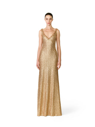 ILLUSION V-NECK SLEEVELESS STRETCH SEQUIN GOWN WITH CRYSTAL TRIM