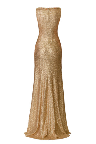 ILLUSION V-NECK SLEEVELESS STRETCH SEQUIN GOWN WITH CRYSTAL TRIM
