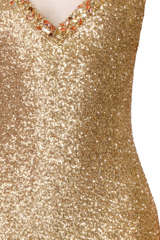 ILLUSION V-NECK SLEEVELESS STRETCH SEQUIN GOWN WITH CRYSTAL TRIM