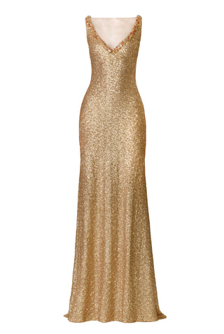 ILLUSION V-NECK SLEEVELESS STRETCH SEQUIN GOWN WITH CRYSTAL TRIM