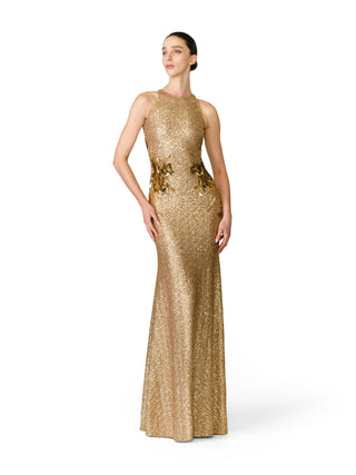 HALTER STRETCH SEQUIN GOWN WITH HAND-BEADED APPLIQUE