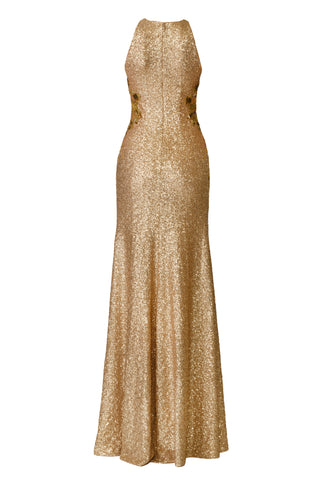 HALTER STRETCH SEQUIN GOWN WITH HAND-BEADED APPLIQUE