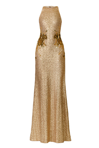 HALTER STRETCH SEQUIN GOWN WITH HAND-BEADED APPLIQUE