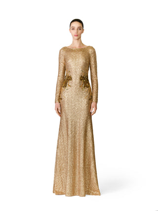 LONG SLEEVE BOATNECK STRETCH SEQUIN GOWN WITH HAND-BEADED APPLIQUE