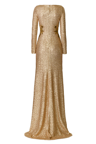 LONG SLEEVE BOATNECK STRETCH SEQUIN GOWN WITH HAND-BEADED APPLIQUE