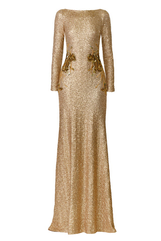 LONG SLEEVE BOATNECK STRETCH SEQUIN GOWN WITH HAND-BEADED APPLIQUE