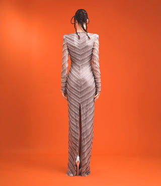 Stripe Embellished Jewel Neck Gown