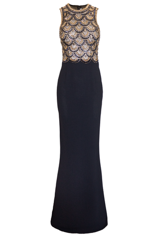 BEADED SCALLOP HALTER GOWN WITH CREPE SKIRT