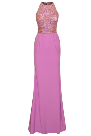 BEADED HALTER GOWN WITH CREPE SKIRT