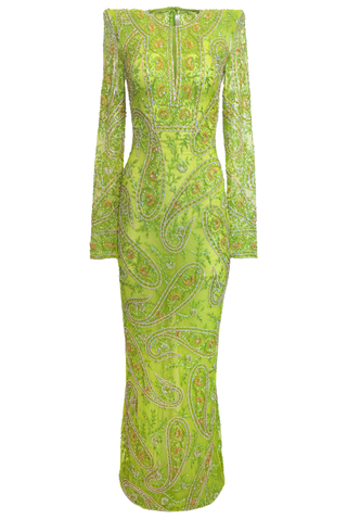 BEADED PAISLEY COLUMN GOWN WITH KEYHOLE DETAIL