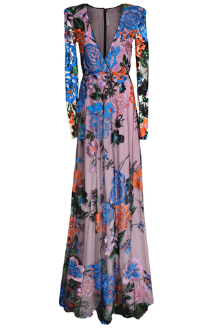 V-NECK MULTI-COLORED FLORAL GOWN