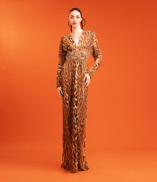 LEOPARD PRINT CHIFFON GOWN WITH EMBROIDERY DETAIL
