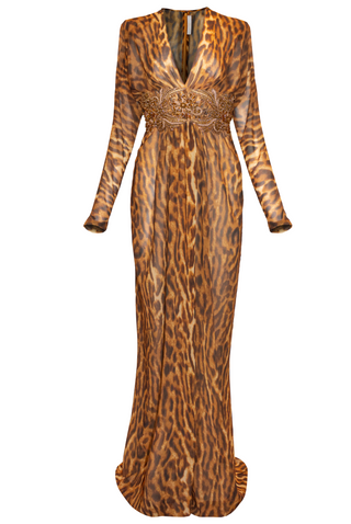 LEOPARD PRINT CHIFFON GOWN WITH EMBROIDERY DETAIL