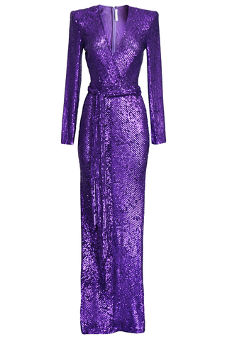 STRETCH SEQUIN LONG SLEEVE V NECK GOWN